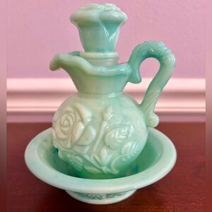 Vintage Avon Jadeite Glass Vanity Set – Pitcher, Bowl & Rose Stopper | Rare
